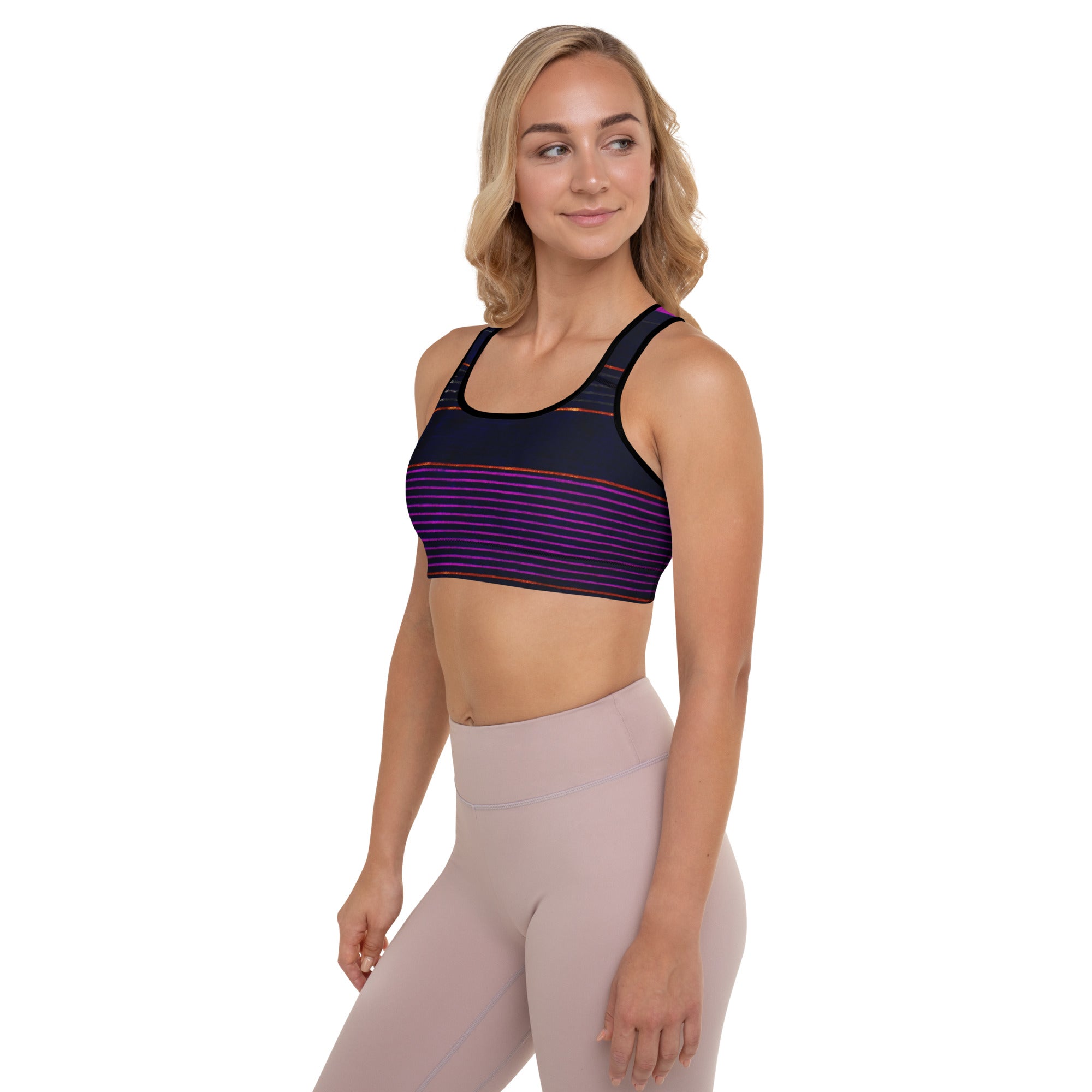 Sports Bra. Black Gym Fitness Top. Purple Stripes Dance top. Yoga Top or Training Bra. Peppermint by WickedYo.